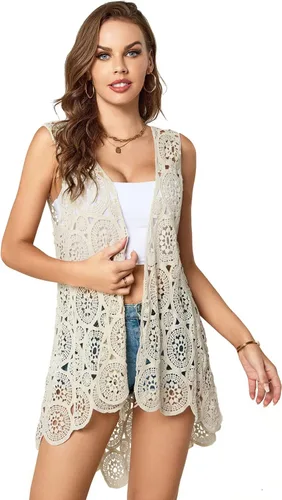 Miniatura 3 de Chaleco de encaje de ganchillo para mujer, estilo bohemio, sin mangas, kimono con dobladillo irregular