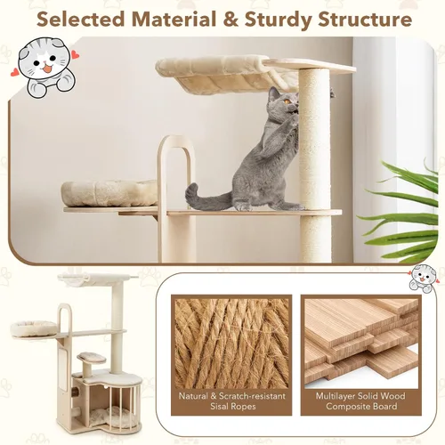 Miniatura 4 de Tangkula Árbol de madera para gatos de interior, centro de actividades de torre para gatos de varios niveles de 55 pulgadas con hamaca, condominio