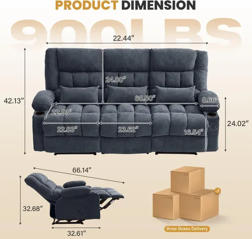 Miniatura 2 de BOSMILLER Sofá reclinable con portavasos para sala de estar, sofá manual de 3 asientos, reclinable con bolsillo lateral
