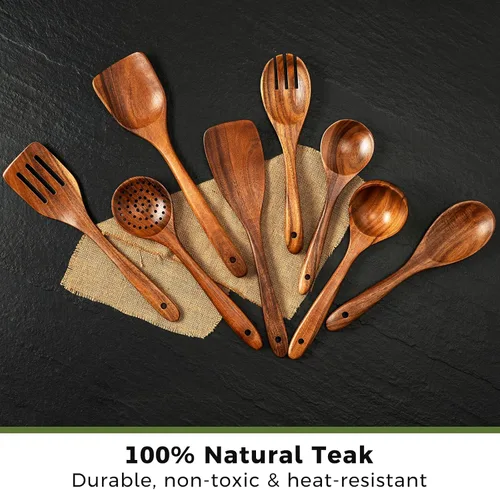 Miniatura 2 de Juego de 8 piezas de utensilios de cocina de madera de teca, cucharas y espátulas de madera natural para utensilios de cocina antiadherentes, juego