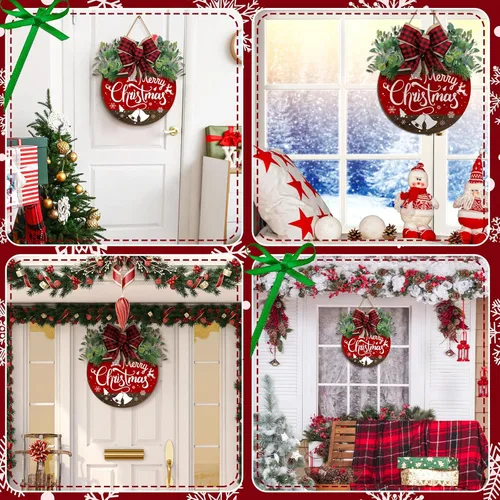 Miniatura 6 de Boao Decoraciones de puerta de Navidad de madera con texto en inglés «Merry Christmas» para puerta delantera, colgador de letrero con lazo rojo a