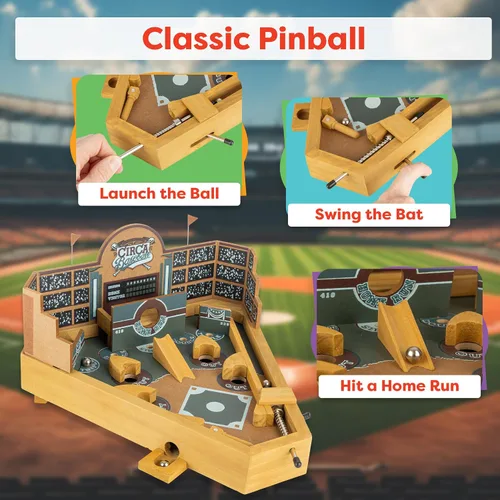 Miniatura 2 de Hey! Play! Juego de habilidades de mesa de pinball de béisbol, juguete de escritorio clásico en miniatura de madera retro para coleccionistas