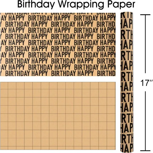 Miniatura 4 de MAYPLUSS Rollo de papel de regalo de feliz cumpleaños de los SS, envoltura de regalo de Kraft vintage Papel de regalo de 17 pulgadas x 33 pies