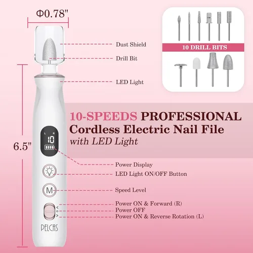 Miniatura 5 de PELCAS Lima de uñas eléctrica, taladro de uñas inalámbrico de 10 velocidades con luz LED, kit portátil de manicura y pedicura, molinillo de uñas