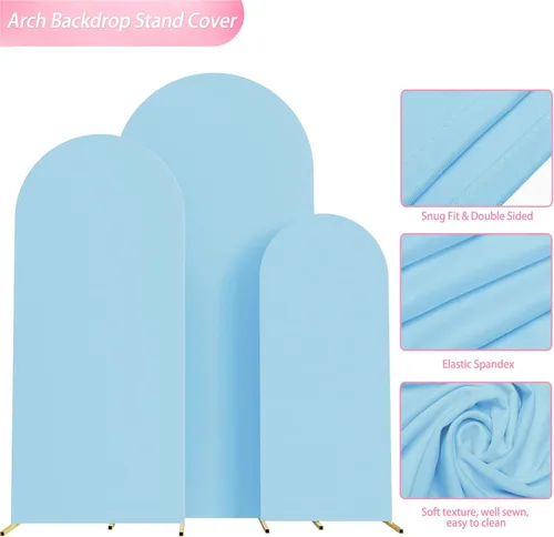 Miniatura 3 de Putros Fundas de arco de boda de 4 pies, 5 pies, 6 pies en azul polvoriento, Spandex ajustado con parte superior redonda Chiara, soporte para telón