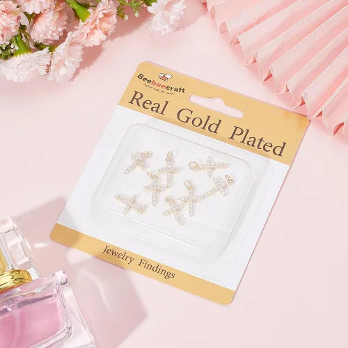 Miniatura 6 de Beebeecraft 1 caja de 10 dijes de cruz de circonita cúbica de oro pequeño con anillo de salto chapado en oro real de 18 quilates de latón