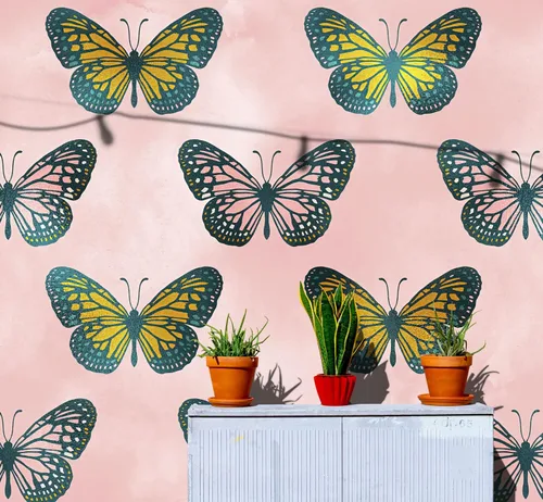 Mural de pared con patrón de mariposa grande sobre fondo rosa. Dormitorio, guardería, decoración del hogar. Papel tapiz autoadhesivo #6441 (9 pies
