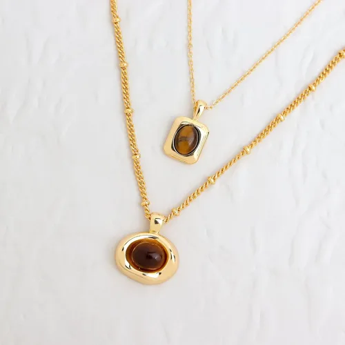 Miniatura 5 de Jean Beau Collares con colgante de piedra dorada para mujer, collar grueso de piedras preciosas colgantes para boda, baile de graduación, joyería