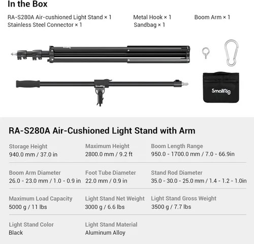 Miniatura 8 de SmallRig Soporte de Luz de Fotografía de 110"/9.2 pies con Brazo de Pluma, Trípode de Luz de Aluminio con Amortiguación de Aire de Servicio Pesado