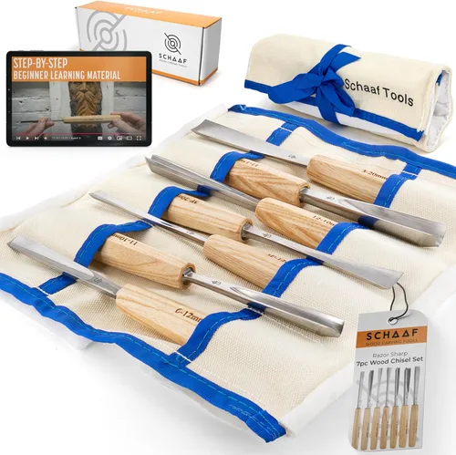 Miniatura 12 de Juego de herramientas de tallado de madera afiladas a mano, juego de 7 cinceles y gubias con estuche de lona, herramientas de carpintería de acero
