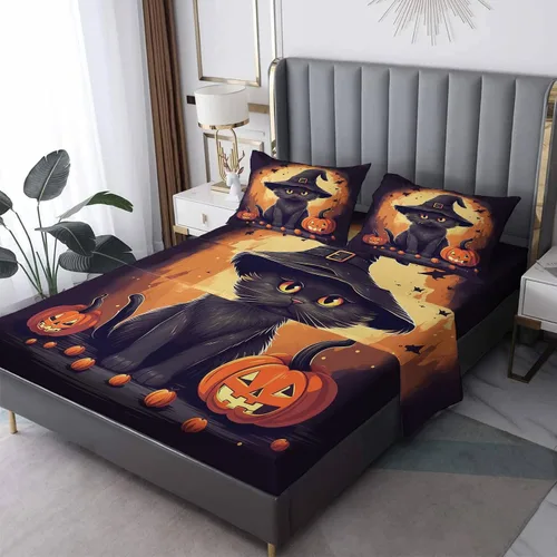 Sábanas de Halloween tamaño individual, sábanas de calabaza de gato negro, juego de sábanas y fundas de almohada de 3 piezas, sábana bajera