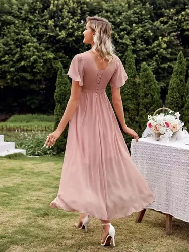 Miniatura 2 de UZN Vestidos de dama de honor para mujer, cuello en V, manga corta, vestido formal de fiesta