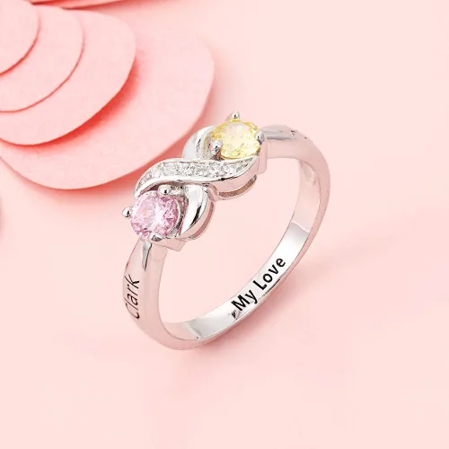 Miniatura 6 de Anillo personalizado para madres infinitas con 2 piedras natales redondas simuladas, anillos de compromiso para mujer