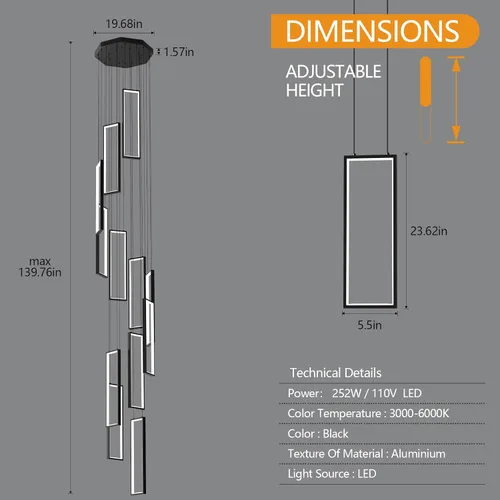 Miniatura 2 de Lámpara Colgante Moderna de Altura Ajustable Luminaria Negra 252W LED Luces Colgantes 12 Anillos Candelabro Rectangular Escalera Candelabro Grande