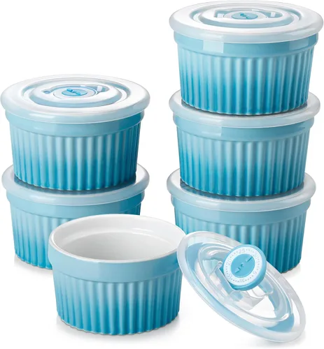 vancasso Ramequines de 177 ml con tapa, cuencos de porcelana para soufflé de crema catalana, tazas de natillas azules para hornear, aptas para