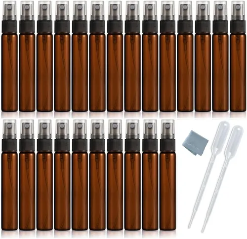 Paquete de 25 botellas de perfume de viaje con atomizador a granel de 0.3 fl oz, botella vacía hidratante (ámbar)