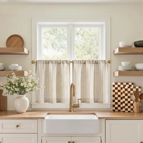 Miniatura 81 de jinchan - Cortinas de lino a rayas para cocina de 20 pulgadas de largo, cortinas de varios niveles, estilo granja moderna de café, tratamientos