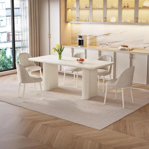 Miniatura 9 de Mesa de Comedor Rectangular de 63" con 6 Sillas, Mesa de Cocina Moderna Blanca con Juego de Sillas para Sala de Estar, Comedor y Cocina Blanco-A