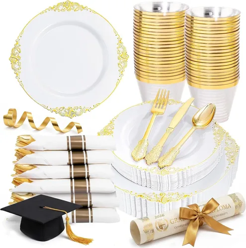 Miniatura 20 de Nervure 175 platos de plástico dorado transparente, platos desechables dorados para fiestas y servilletas preenrolladas con cubiertos para 25 Claro