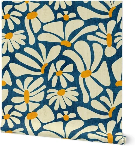 Spoonflower Despegar y pegar papel tapiz Swatch - Retro Daisy Flower Power Blue Floral Vintage Groovy 70S 60S Papel pintado extraíble personalizado