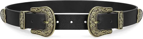 WHIPPY Cinturón de cuero occidental vintage para mujer, doble hebilla retro, cinturones de cintura para jeans, pantalones y vestidos, color negro