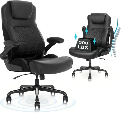 Silla de oficina ejecutiva ergonómica para personas grandes y altas, capacidad de 500 libras con soporte lumbar y reposabrazos abatibles, silla de