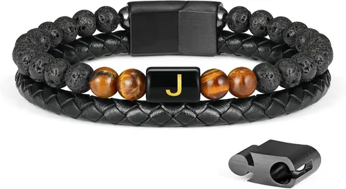 Miniatura 22 de LUXEJEW Regalo Navidad para hombre, brazalete de cuero con cuentas, con letra inicial nombre, 15/64 de pulgada, ágata mate, hecho a mano, ajustable