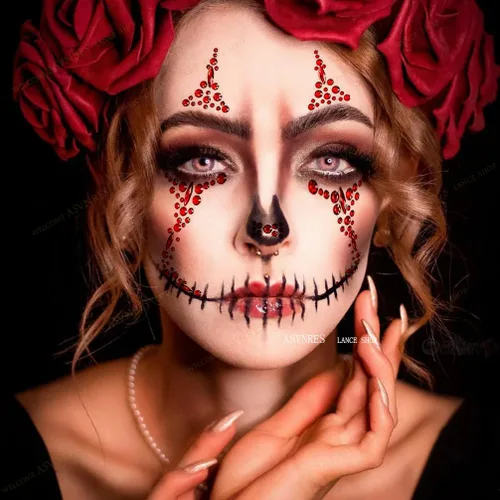 Miniatura 5 de 1 pieza de gemas faciales para Halloween, Día de los Muertos, tatuajes temporales de calavera con diamantes de imitación, piedras de cristal, gemas