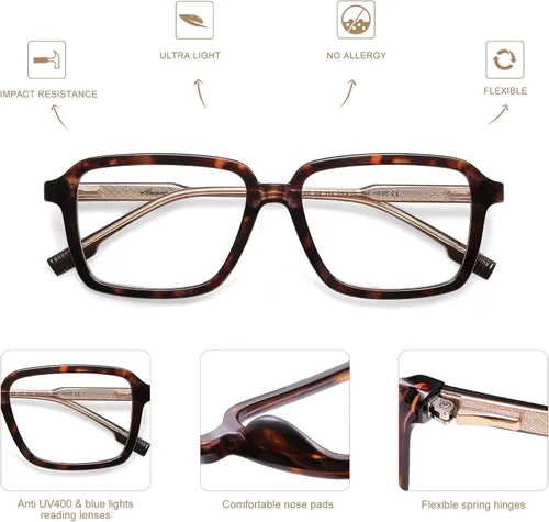 Miniatura 6 de AMOMOMA Paquete de 2 lentes de lectura retro para mujeres y hombres, marco rectangular para lector de computadora con luz azul AM6198