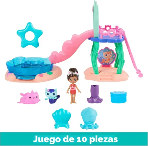 Miniatura 3 de Gabby's Dollhouse, Playset de Piscina Purr-ific con Figuras de Gabby y Mercat, Colas de Sirena que Cambian de Color y Accesorios de Piscina