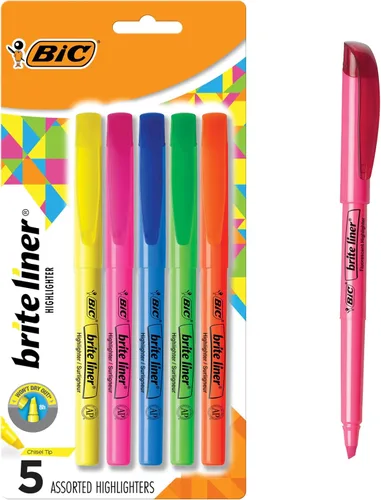 BIC Brite Liner - Resaltadores, punta de cincel, paquete de 5 resaltadores de colores surtidos, juego de resaltadores ideal para organizar y colorear