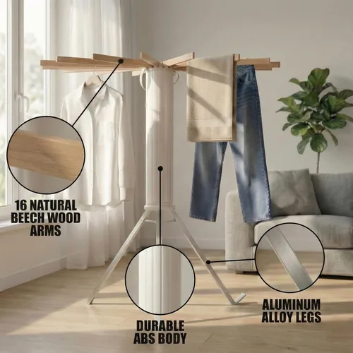 Miniatura 2 de Tendedero plegable para ropa portátil, con 16 varillas de madera y 48 ranuras resistentes al viento, trípode plegable para apartamento, caravana