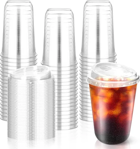 Miniatura 8 de 50 piezas de vasos de plástico para café con tapas con asa, vasos desechables de plástico PET transparente con tapas sin pajita para café helado