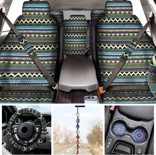Miniatura 3 de Frienda 14 piezas de fundas para asientos de coche, juego completo multicolor con estampado de rayas estilo boho, funda para volante, funda