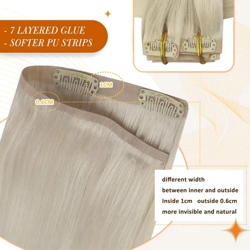 Miniatura 5 de Full Shine - Extensiones de cabello humano Remy real con clip para mujer, sin costuras, trama de poliuretano, cabello rubio blanco, lacio y sedoso