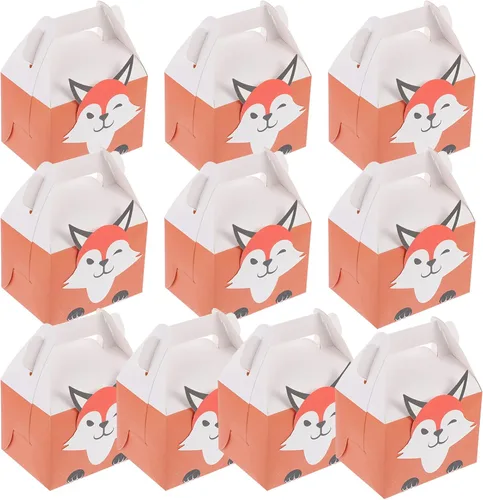 NUOBESTY 10pcs Cartoon Fox Treat Boxes Caja de embalaje portátil para suministros de recuerdo de fiesta de cumpleaños