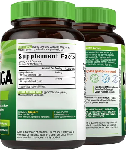 Miniatura 8 de Vitalibre Moringa 1,010 mg, potencia máxima, superalimento verde completo, rico en antioxidantes, sin gluten ni cafeína, sin OMG, energía, inmune