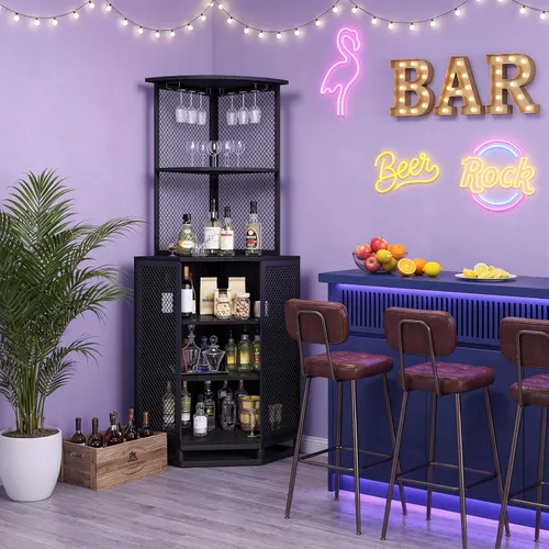 Miniatura 8 de IBF Armario esquinero de 71 pulgadas de alto para vino con soporte para vidrio, almacenamiento de licor industrial de 5 niveles con estante