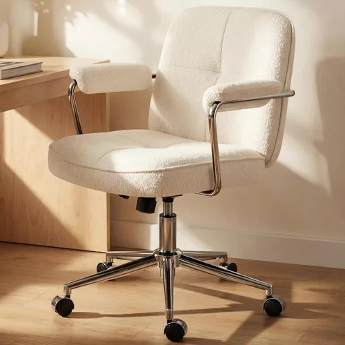 Silla de oficina en casa con tela de felpa, sillas de escritorio modernas para computadora con respaldo medio con ruedas y reposabrazos acolchados,