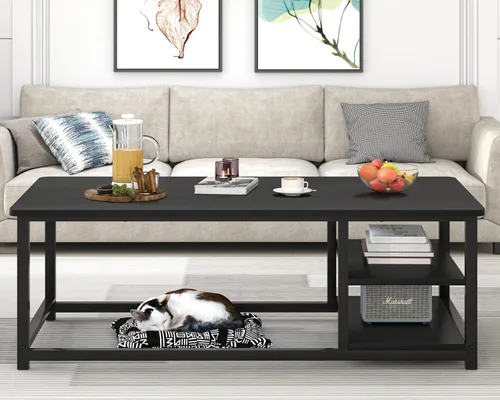 Miniatura 3 de EXCEFUR Mesa de centro negra, mesa de sala de estar de madera rústica con estante de almacenamiento, mesa central rectangular moderna, 47 pulgadas