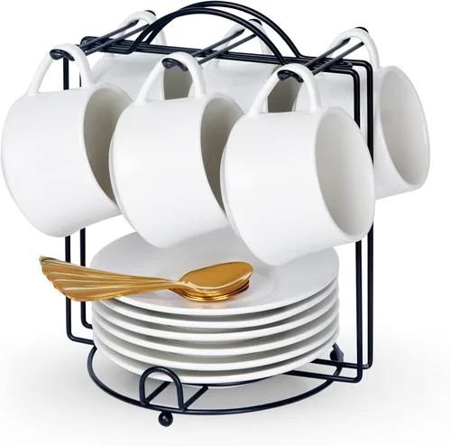 Miniatura 8 de Lareina Juego de 6 tazas de café de porcelana de 3 onzas, tazas de café apilables con platillos, cucharas y soporte de metal, tazas de cerámica