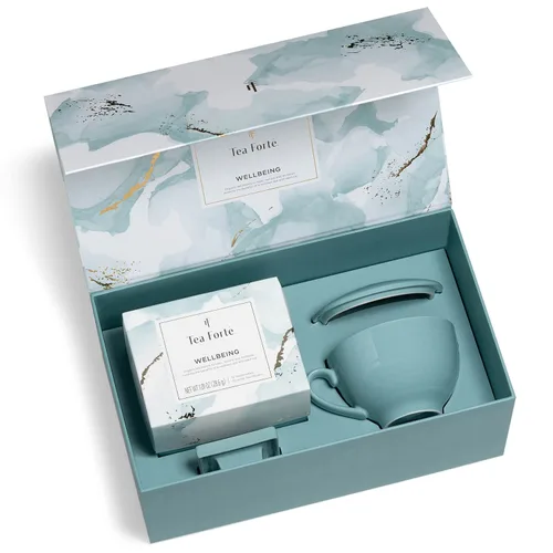 Miniatura 3 de Juego de regalo de té de 3 piezas de Tea Forte Wellbeing; incluye taza de té con tapa en color azul claro, bandeja de té y 10 bolsas de infusor