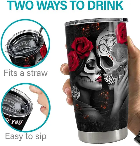 Miniatura 7 de SANDJEST Vaso Térmico para Parejas de 20oz Regalos para Esposa Esposo Calavera Parejas Vasos Térmicos de Acero Inoxidable Taza de Viaje para Café
