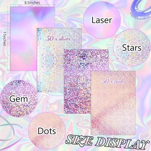Miniatura 2 de Kosiz 100 hojas de cartulina holográfica metálica, cartulina brillante con purpurina iridiscente, papel de espejo iridiscente de 8.5 x 11 pulgadas