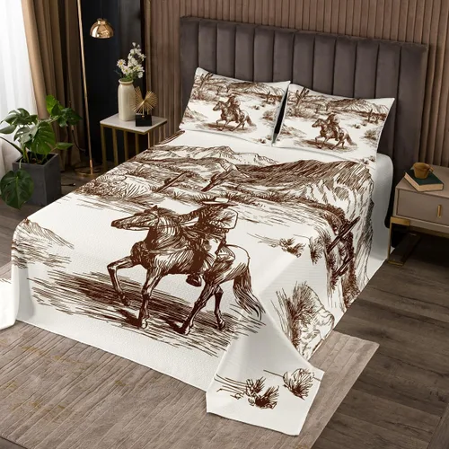 Miniatura 7 de Erosebridal Colcha occidental tamaño Queen Cowboy Colcha Americana Salvaje Oeste desierto dibujado a mano ilustración colcha temática país Multi 001