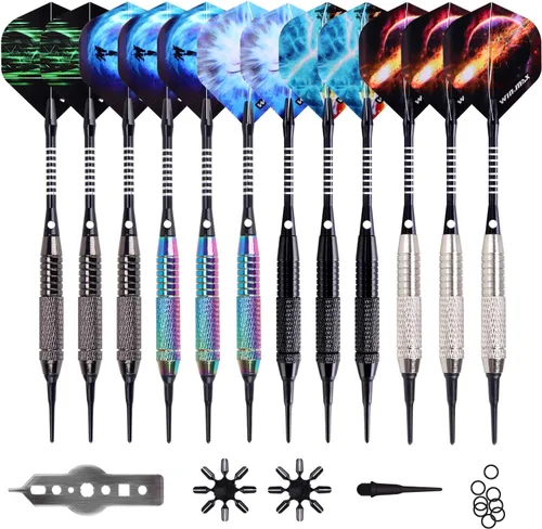 Miniatura 14 de WIN.MAX Darts Plastic Tip - Soft Tip Darts Set - 12 Pcs 18 Gram with 100 Extra Dart Tips 12 Flights Flight Protectors and Wrench for Electronic Dart