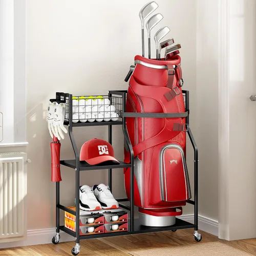 TOOLF Organizador de bolsas de golf, almacenamiento para palos de golf con ruedas, soporte de metal resistente para bolsa de golf para el hogar,