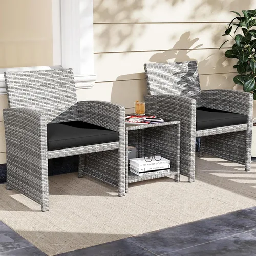 Miniatura 2 de KOTEK Juego de muebles de patio de 3 piezas, sillas de patio de mimbre para exteriores con cojines y mesa de almacenamiento, juego de bistró