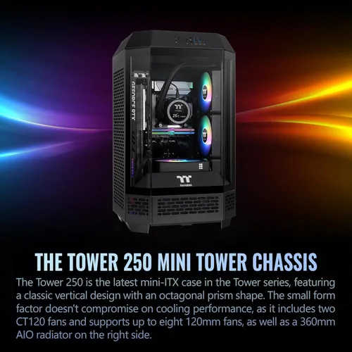 Miniatura 2 de Thermaltake Torre 250 Negra Mini-ITX Mini Torre; Incluye 2 ventiladores CT de 120mm; Soporte para radiador de 360mm; Espacio para GPU de 360mm; Negro