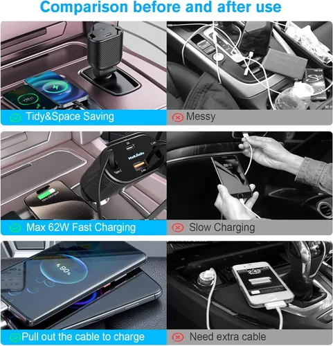 Miniatura 9 de MAGJIEYX Cargador retráctil para automóvil 4 en 1, adaptador de carga rápida MAGJIEYX de 62 W, cables retráctiles tipo C/USB-i y dispositivos USB
